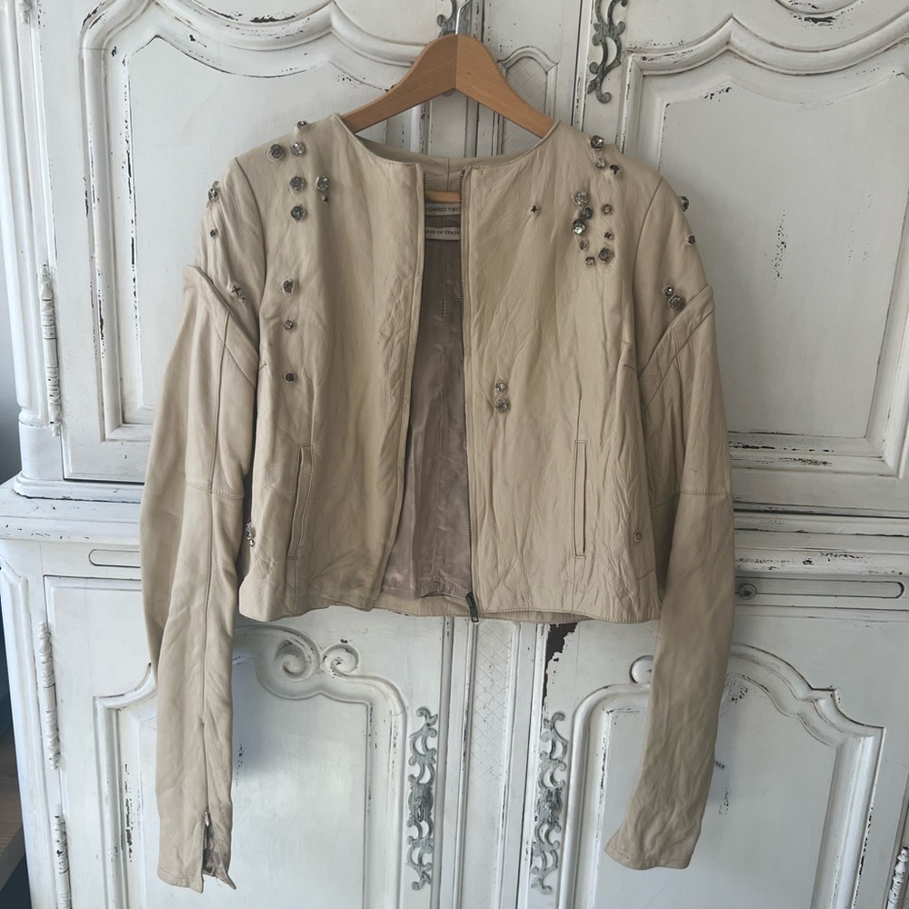 RICCARDO TISCI Crystal Jeweled Beige Leather Jacket IT 44(US10)